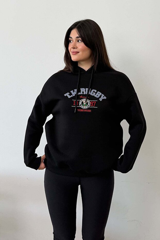 Women's Hooded Letter Embroidered Embroidered Sweatshirt Black - 2620