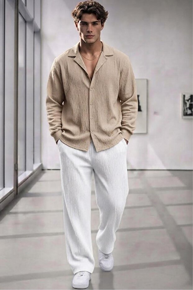 Men's Beige Wrinkled Fabric Shirt White Trousers Set