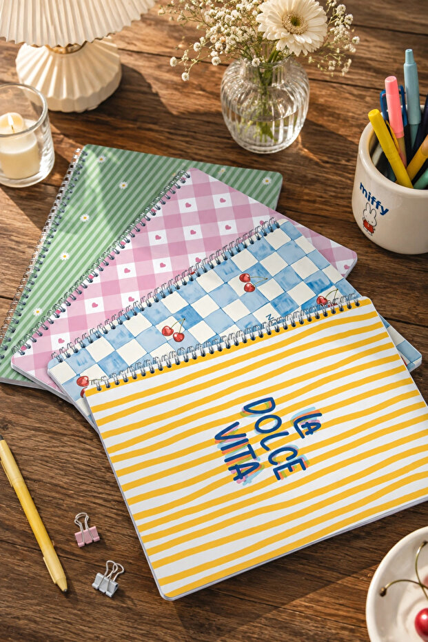 A4 Spiral Cardboard Cover Set of 4, 2 Squares, 2 Lines, Timetable and Lesson Plan Note School Notebook - Yellow Green