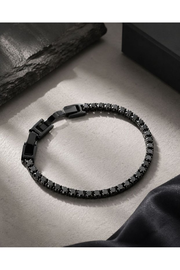 Black Tennis Men's Steel Bracelet - Black Stone Water Resistant Men's Jewelry Gift