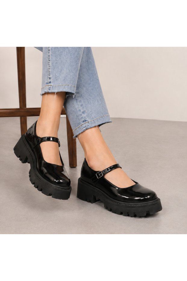 Maren Patent Leather Buckle Thick Sole Women's Mary Jane Shoes Black