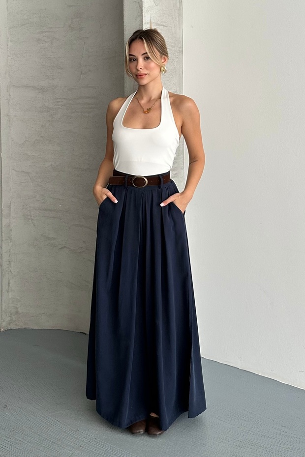 Women's Navy Blue Belted High Waist Relaxed Fit Wide Leg Woven Palazzo Trousers