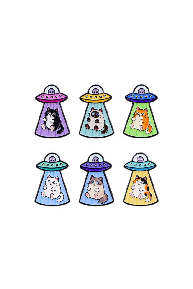 6pcs 6Pcs UFO Cat Enamel Pins Set Cartoon Alien Spaceship Animal Metal Lapel Brooch Badge Jackets Ba