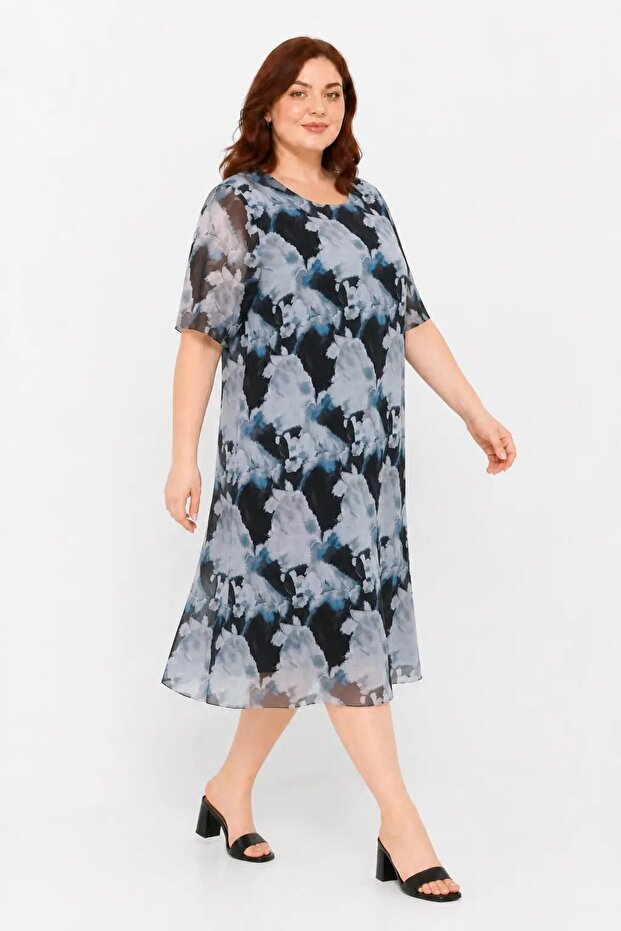 Women's Feather Patterned Black Plus Size Tulle Detailed Lined Midi Dress Hzl26S-Pr151241