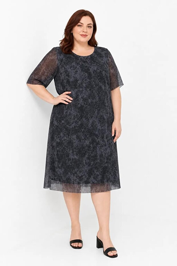 Women's Marble Pattern Black Plus Size Tulle Detailed Lined Midi Dress Hzl26S-Pr151241