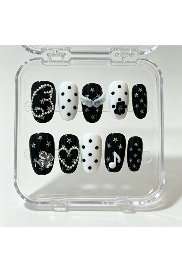 PD0022-XS 10 Hand Pressed Oval Nails, Beautiful Fake Nails, Black and White Polka Dot Wings, Suitabl