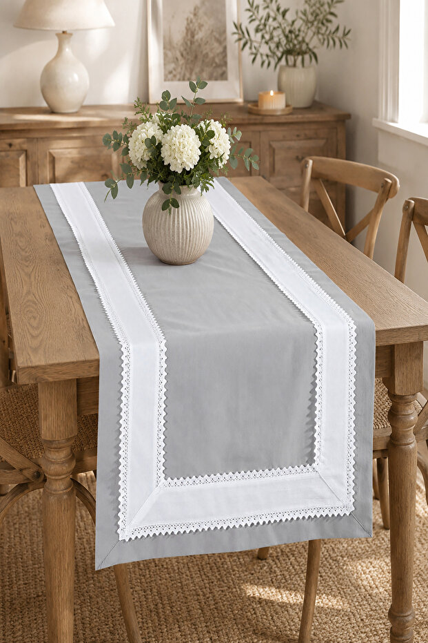 Buldan Linen Lace Runner, Console, Coffee Table Cover - Gray