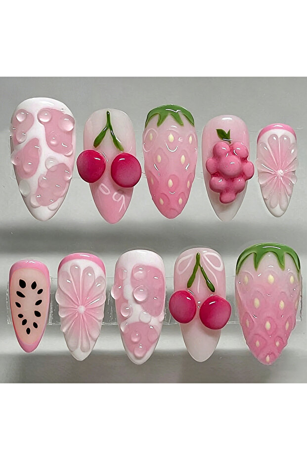 DM-589 24pcs Summer Fashion Press on Nails Fruit Pink Strawberry Almond False Nails Art Cherry Bow D