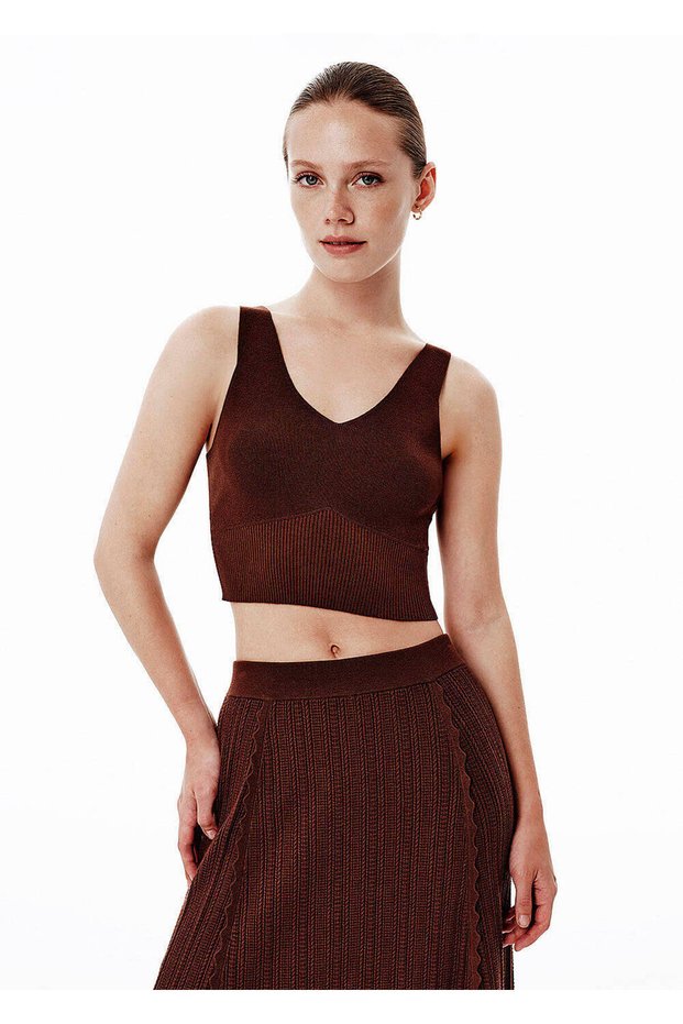 High Rip Waist Brown Crop Knitwear Top