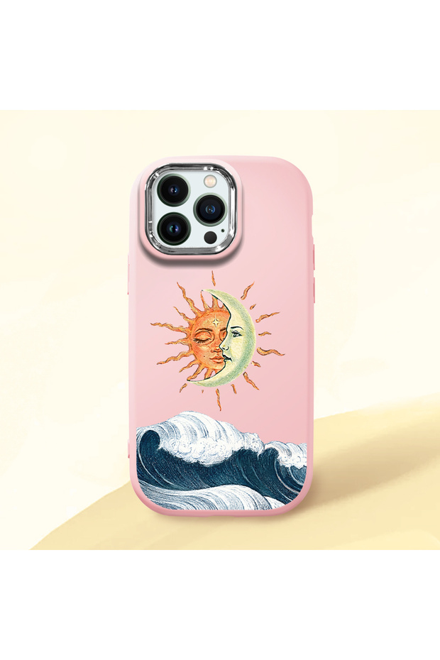 iPhone 12 Pro Max Compatible Retro Style Sun Moon Sea Wave Pattern Shock Absorbing Pink Silicone Case with Camera Protection