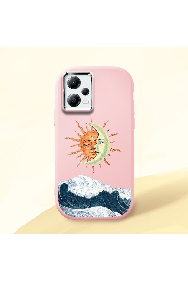 حافظة من السيليكون باللون الوردي متوافقة مع هاتف Redmi Note 12 5G بتصميم ريترو ونمط موجة البحر الشمسية ونمط ممتص للصدمات وحماية للكاميرا