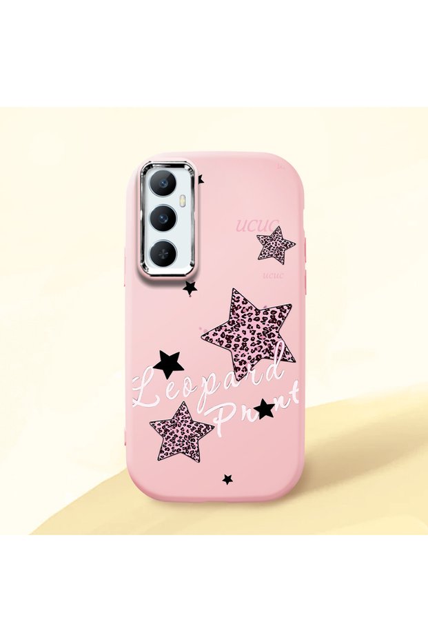 Realme C65 4g Compatible Leopard Pattern Stars Pattern Shock Absorbing Camera Protected Pink Silicone Case