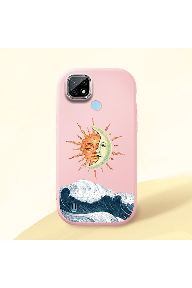 Realme C21 Compatible Retro Style Sun Moon Sea Wave Pattern Shock Absorbing Camera Protected Pink Silicone Case