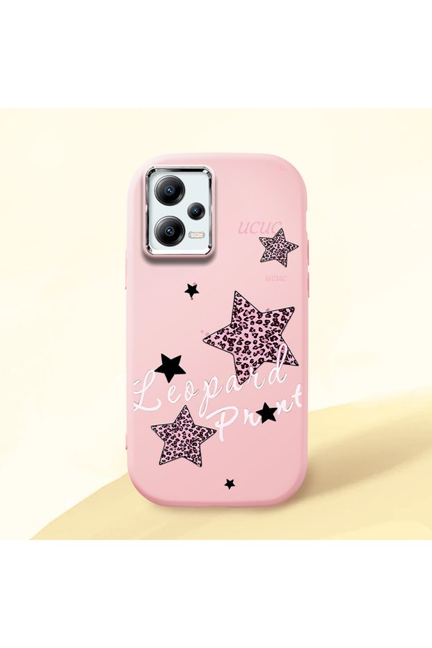 Poco X5 Compatible Leopard Pattern Stars Pattern Shock-Absorbing Camera Protected Pink Silicone Case