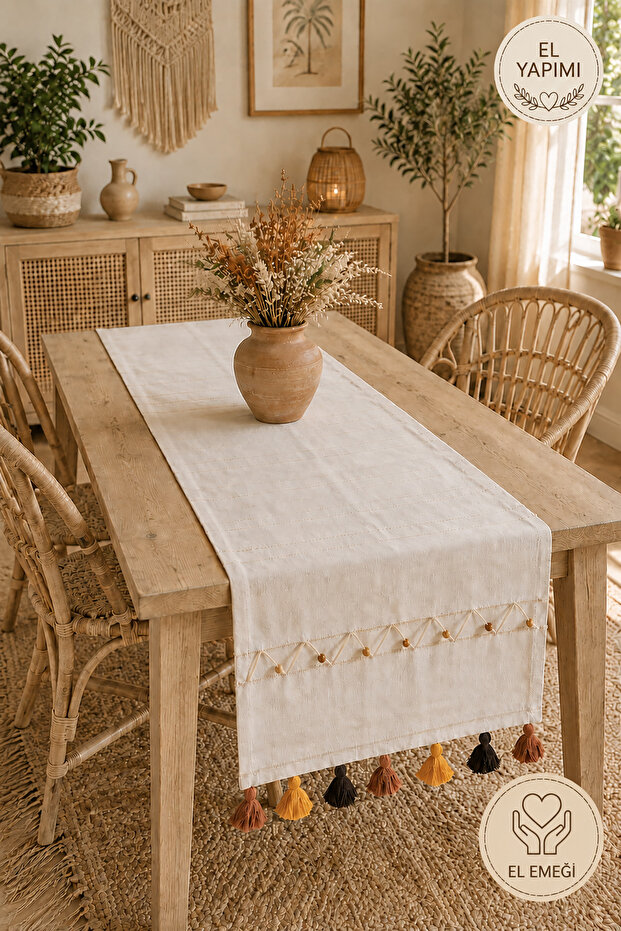 Openwork Wooden Beaded Tasseled Handmade Runner, Console, Coffee Table Cover-Natural