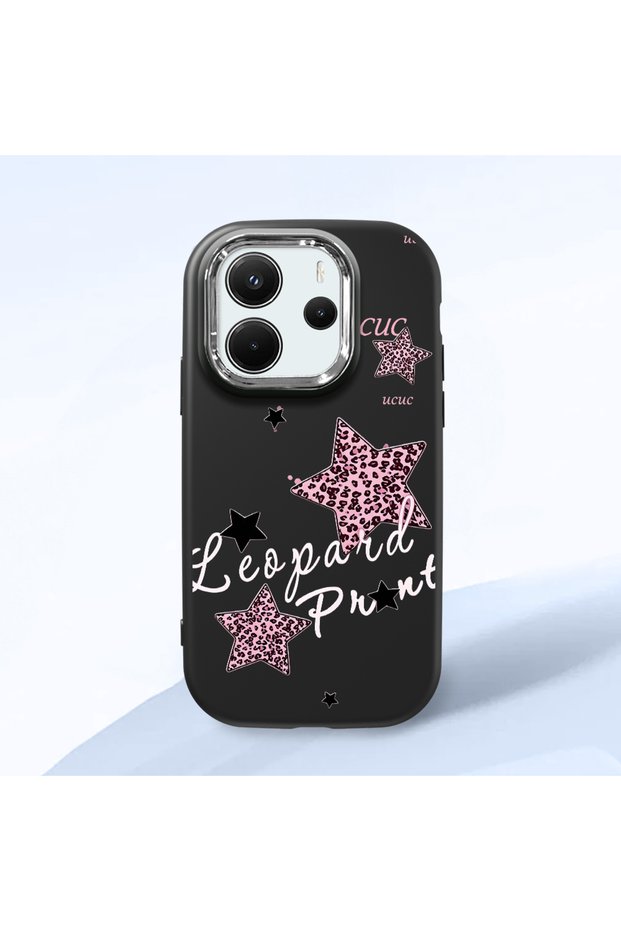 Redmi Note 14 4g Compatible Leopard Pattern Stars Pattern Shock Absorbing Black Silicone Case with Camera Protection