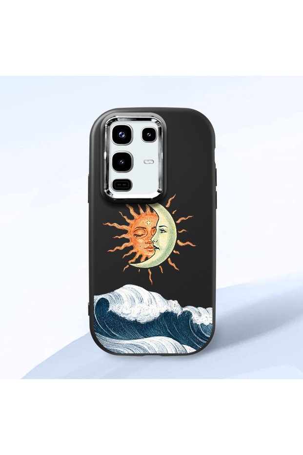 Infinix Note 50/Note 50 Pro Compatible Retro Style Sun Moon Sea Wave Pattern Shock-Absorbing Black Silicone Case with Camera Protection