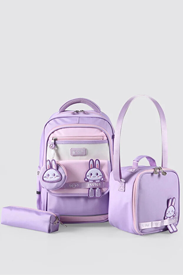 Girl's 3-Piece School Bag Set with Rabbit Figure - Backpack, Lunch Bag, Pencil Case
