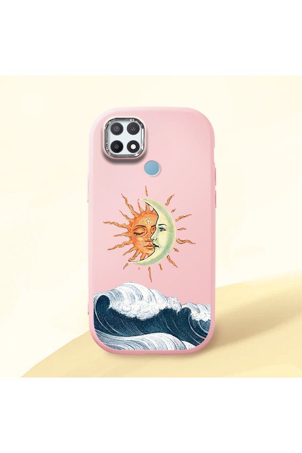 Oppo A15/A15S Compatible Retro Style Sun Moon Sea Wave Pattern Shock Absorbing Camera Protected Pink Silicone Case