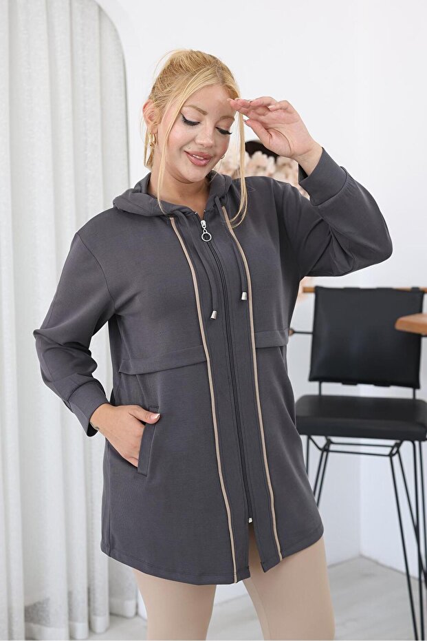 Plus Size Hooded Modal Fabric Cardigan with Piping Detail