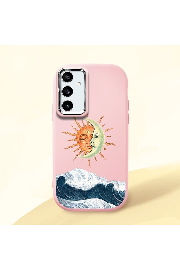 Samsung Galaxy S23 Fe Compatible Retro Style Sun Moon Sea Wave Pattern Shock Absorbing Pink Silicone Case with Camera Protection