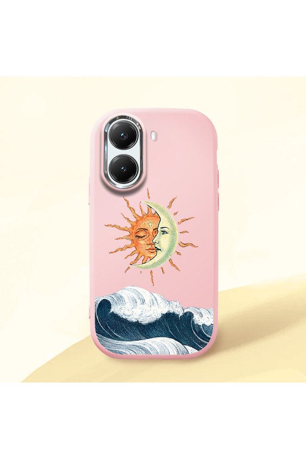 Poco X7 Pro Compatible Retro Style Sun Moon Sea Wave Pattern Shock-Absorbing Camera Protected Pink Silicone Case