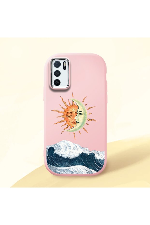 Oppo A54S Compatible Retro Style Sun Moon Sea Wave Pattern Shock Absorbing Camera Protected Pink Silicone Case