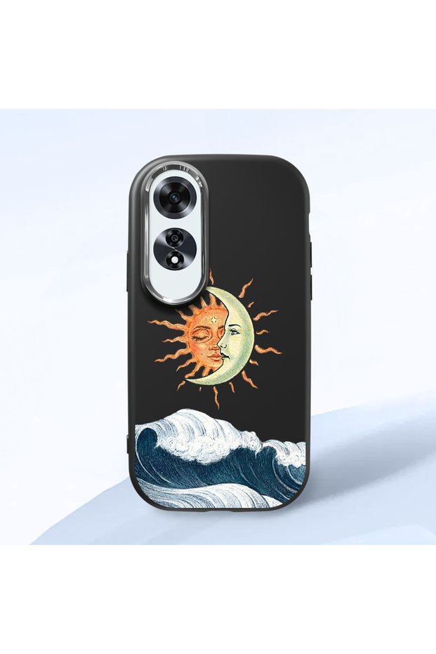 Oppo A60 Compatible Retro Style Sun Moon Sea Wave Pattern Shock Absorbing Black Silicone Case with Camera Protection