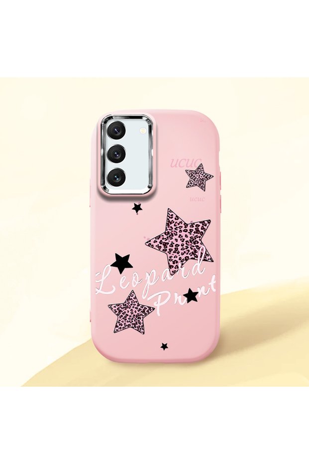 Samsung Galaxy S22 Compatible Leopard Pattern Stars Pattern Shock Absorbing Pink Silicone Case with Camera Protection