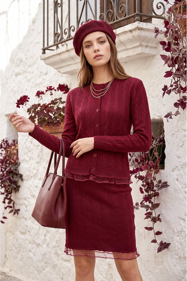 Tulle Patterned Modern Cardigan-Skirt Women's Knitwear Set
