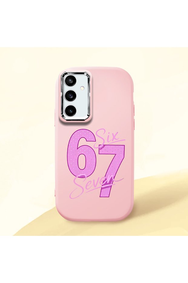 Pink Silicone Case with the Number Six Seven Written on It, Compatible with Samsung Galaxy S23 Fe, with Shock-Absorbing Camera Protection.