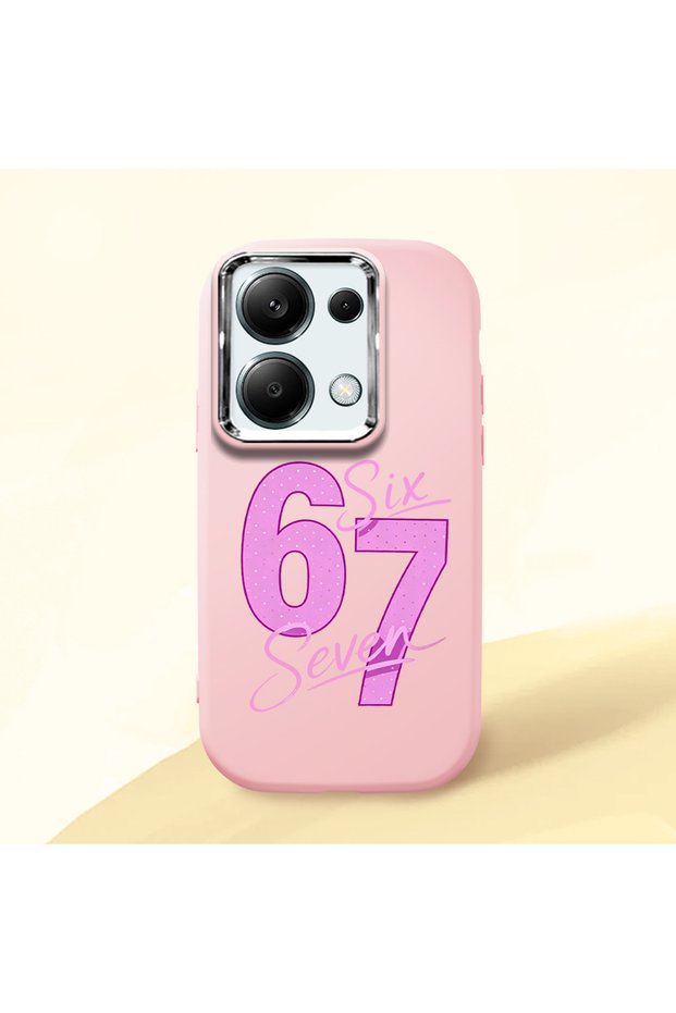 Redmi Note 13 Pro 4g Compatible Number Six Seven Written Pattern Shock Absorbing Camera Protected Pink Silicone Case