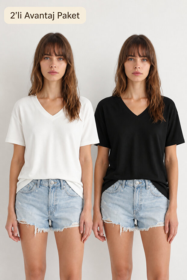 Pack of 2 V-Neck Oversize Knitted T-Shirts Lzv0085 Black Ecru