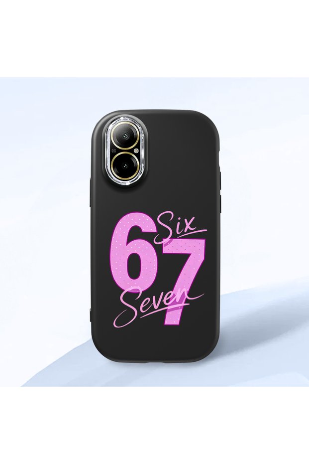 Realme C67 4g Compatible Number Six Seven Written Pattern Shock Absorbing Camera Protected Black Silicone Case