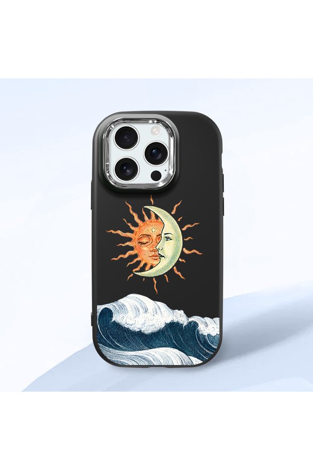 iPhone 16 Pro Compatible Retro Style Sun Moon Sea Wave Pattern Shock Absorbing Black Silicone Case with Camera Protection