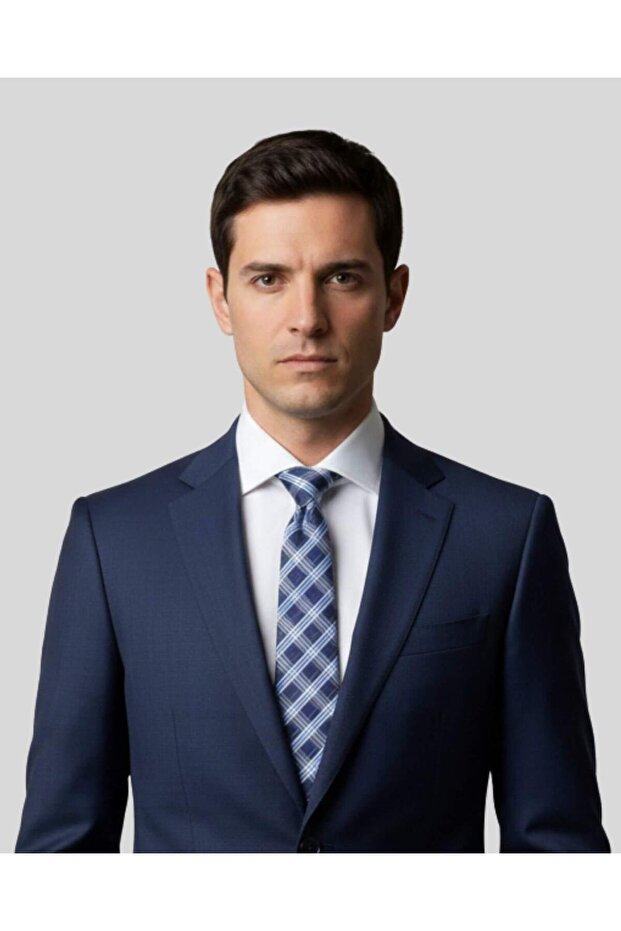 Plaid Patterned Navy Blue Silk Tie – 7.5 cm Wide