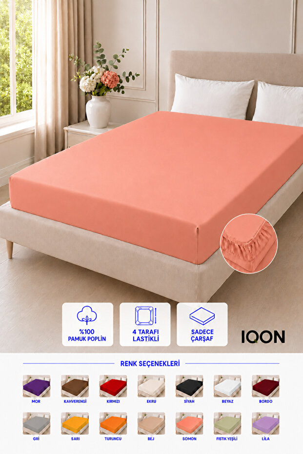 100% Cotton - Poplin Fabric 4-Sided Elastic Fitted Sheet 180X220 cm – Salmon 21 Colors