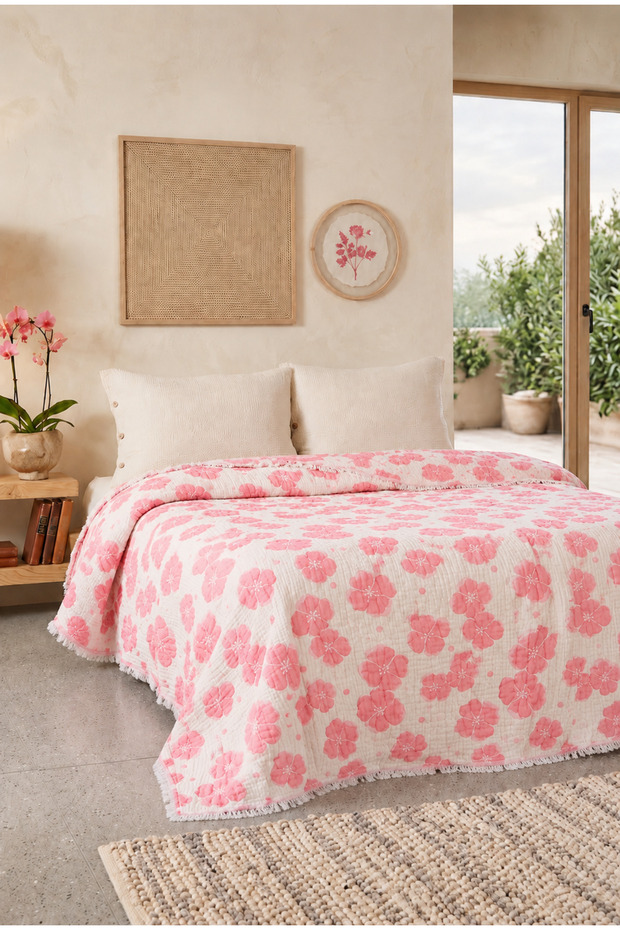 100% Cotton Muslin Bedspread 220X240 cm Double Pique Blanket – Floral Pattern