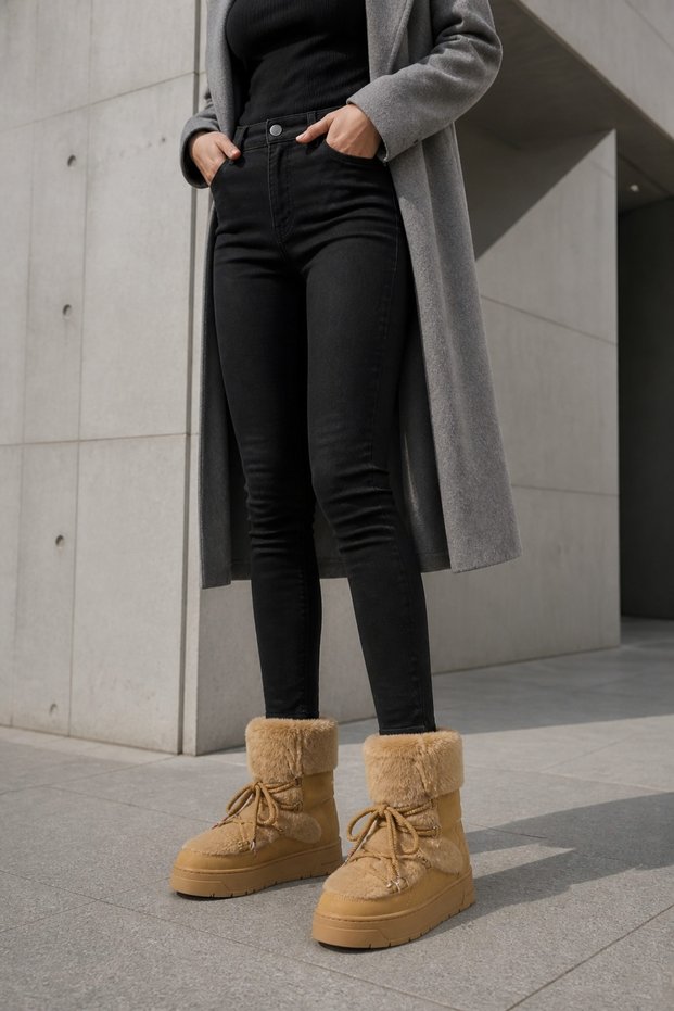 Wr-2866 Women's Camel Color Lace-Up Fur Detailed Thick Soled Winter Boots