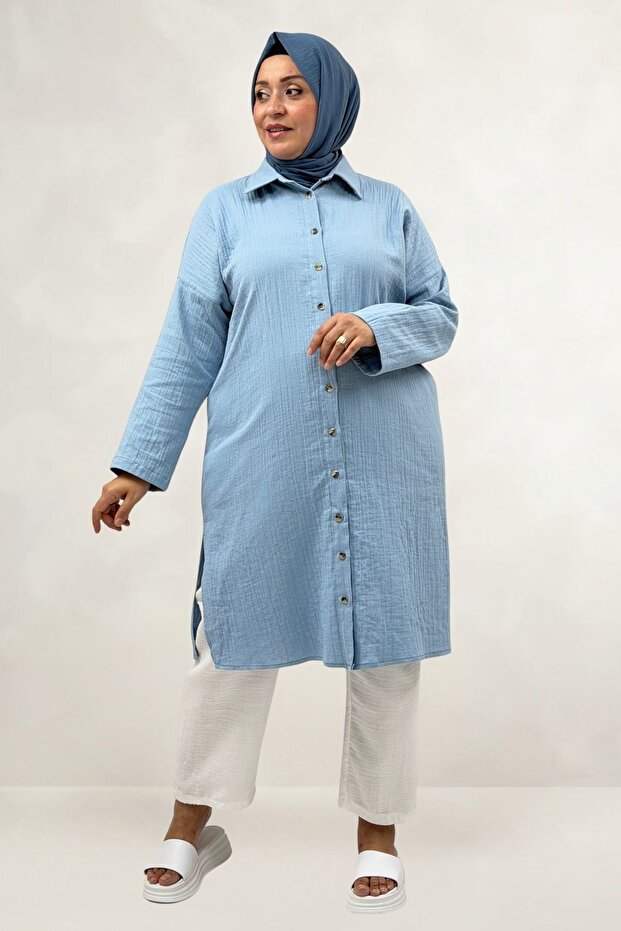 68074 Plus Size Buttoned Low Sleeve Tunic - Baby Blue
