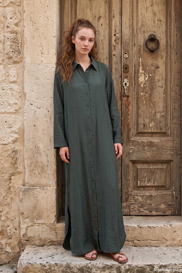 Metal Button Detailed Safari Shirt Dress 707 Green