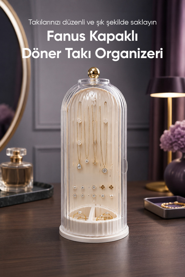 Fanus Revolving Jewelry Organizer with Lid Double Sided Transparent Earrings Necklace Ring Jewelry Organizer Desktop Stand