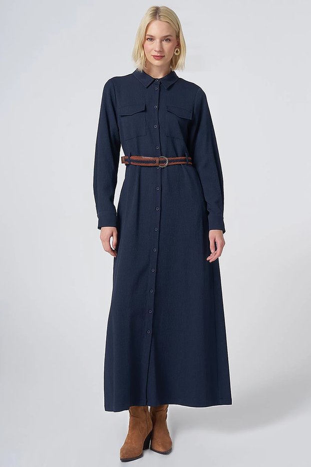 Straw Belt Detailed Maxi Dress Navy Blue