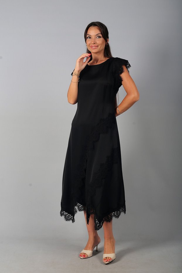 Women's Round Neck Lace Detailed Crepe Satin Midi Asymmetrical Dress