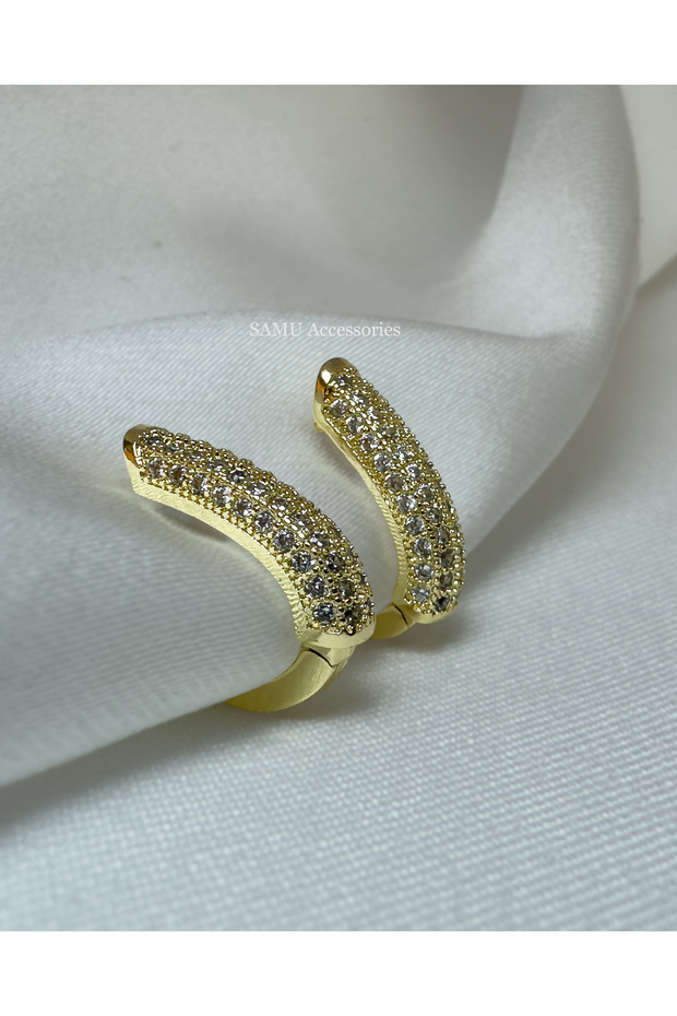 Premium Series Stone-Embellished Curved Hoop Steel Earrings - Gold Pave Huggie Hoop Earrings