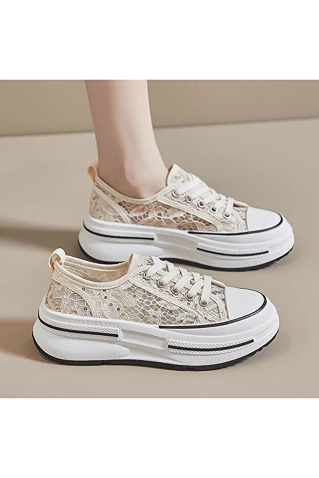 Women's Beige Platform Lace-Up Sneakers