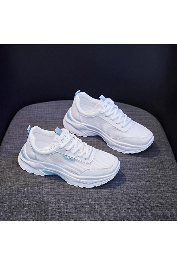 Women's Blue Canvas Chunky Lace-Up Sneakers
