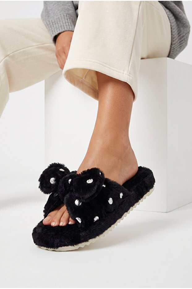 Women's Fluffy Plush Slippers with Bow, Gold Sequins, Open Toe, Soft Sole, Dowry House Slippers