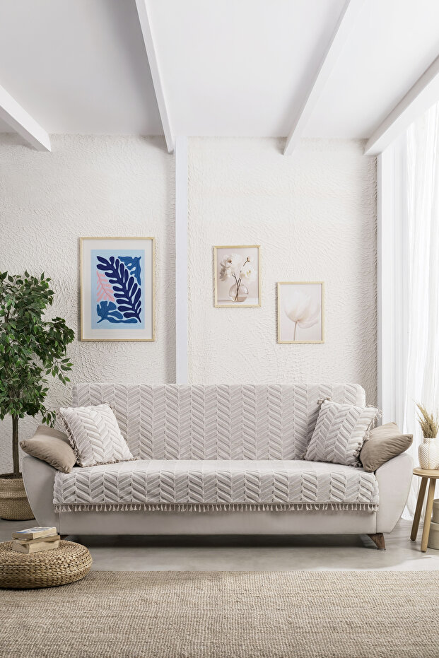 Bohemian Sofa Cover with Stone Tassels - Chenille Textured Non-Slip Sofa Throw - Modern Chevron Patterned Cover