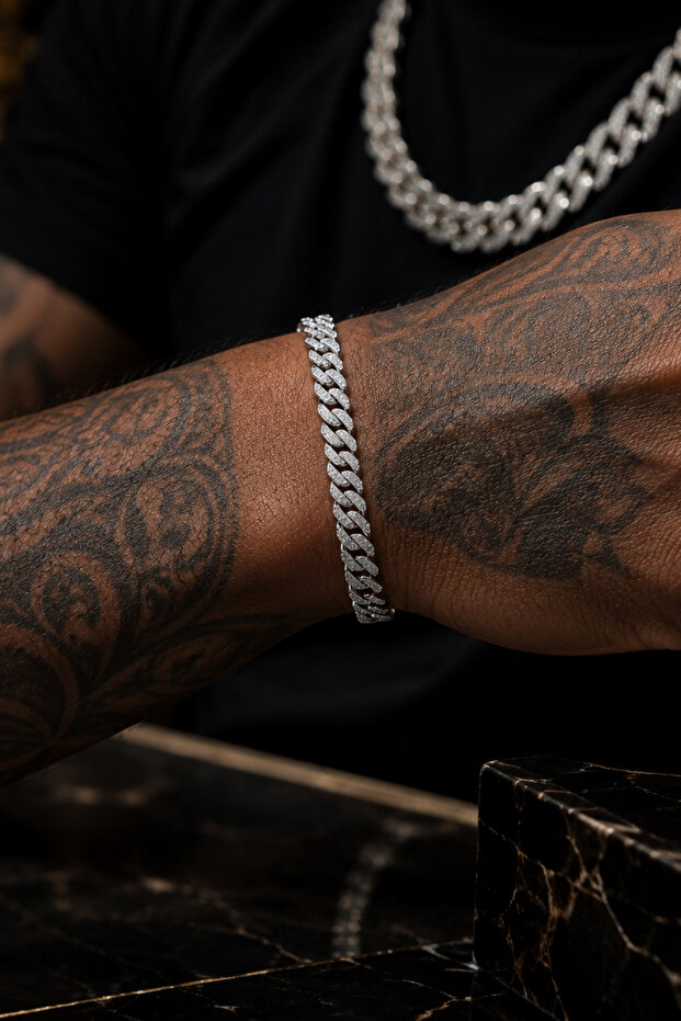 Stone-Encrusted Thin Cuban Chain Bracelet
